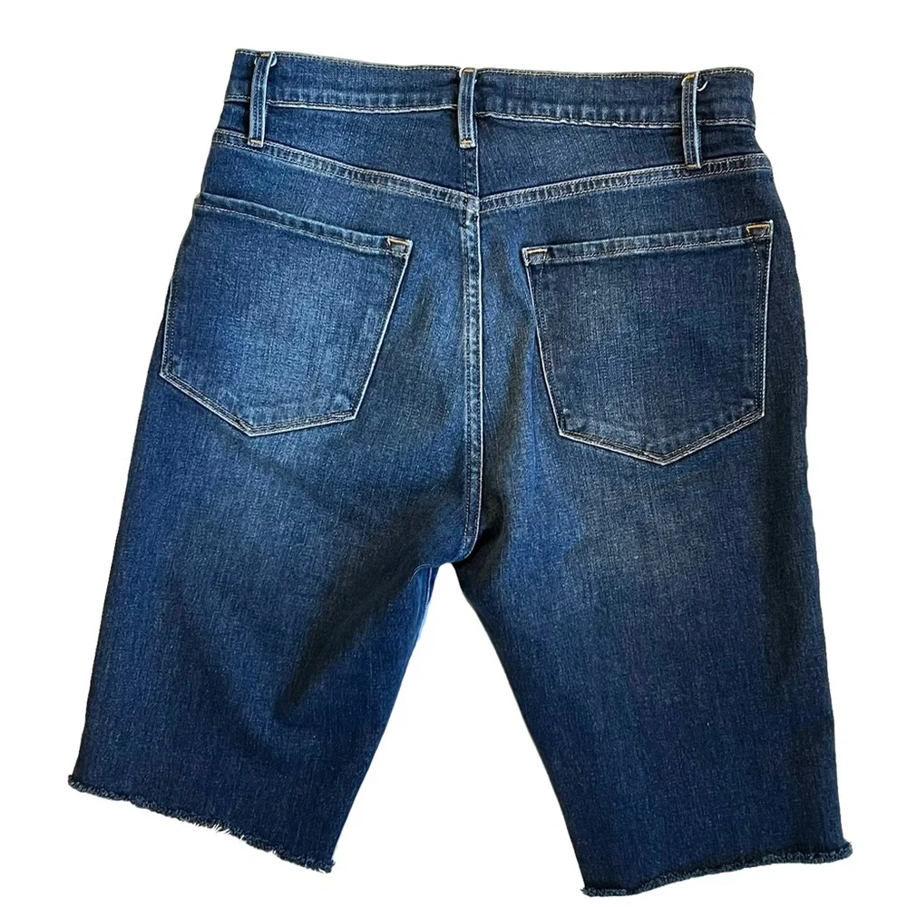 Frame Women’s Sz 27 High Rise Shorts Bermuda Jorts Medium Wash Denim Frayed Hem